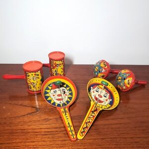 Vintage Tin Noisemaker Lot 6pc Kirchhof US Metal Toy Clown Circus Mid Century